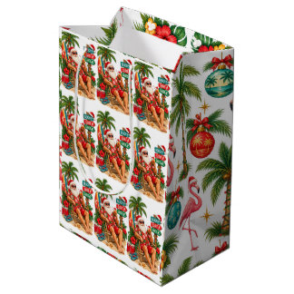 Sacola Para Presentes Média Padrão de Flamingo de Natal Tropical & Papai Noel