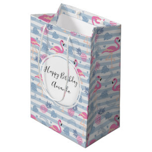 Sacola Para Presentes Média Padrão de Flamingo e Abacaxi Whimsical Aniversário