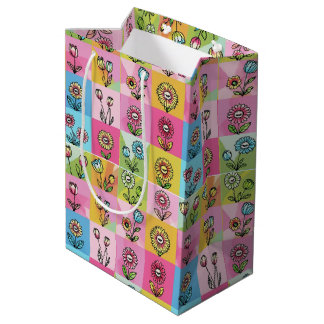 Sacola Para Presentes Média Padrão de flores coloridas e modernas retrô para a