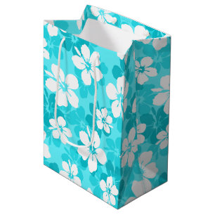 Sacola Para Presentes Média Padrão de Flores de Hibisco Branco Tropical Azul