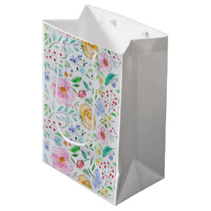 Sacola Para Presentes Média Padrão de Flores e Botões de Aquarela Leve e Bonit