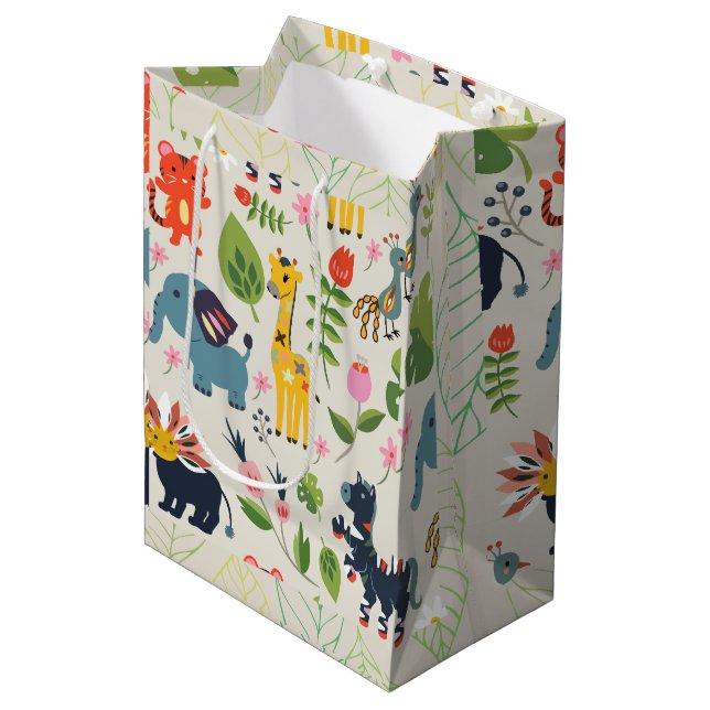 Sacola Para Presentes Média Padrão de Folha de Pastel da Selva Animal (Frente inclinada)