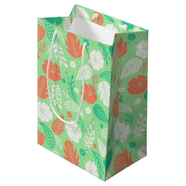 Sacola Para Presentes Média Padrão de Folhagem Tropical Verde e Laranja (Frente inclinada)
