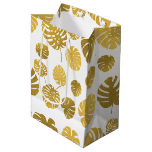 Sacola Para Presentes Média Padrão de Folhas Tropicais de Monstera Dourada Mod