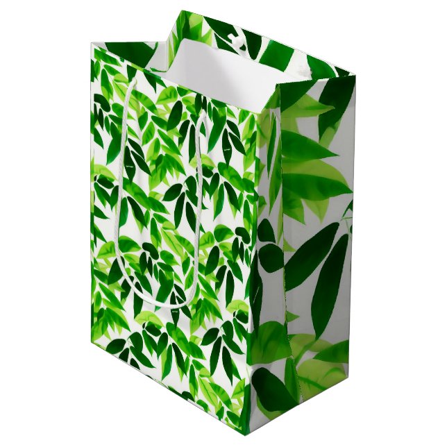 Sacola Para Presentes Média Padrão de Folhas Verdes (Frente inclinada)