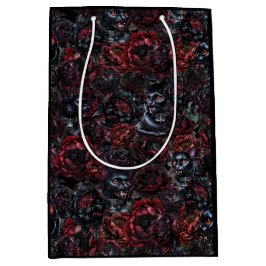 Sacola Para Presentes Média Padrão de Gato Preto Gótico & Flores Escuras