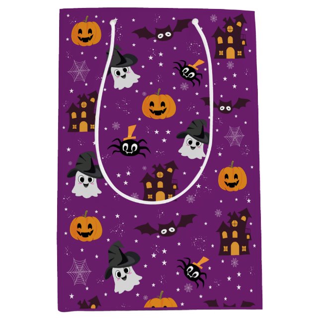 Sacola Para Presentes Média Padrão de Halloween roxo  (Frente)