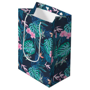 Sacola Para Presentes Média Padrão de Jardim de Flor Tropical Azul