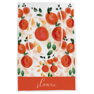 Sacola Para Presentes Média Padrão de Laranja Tropical e Folhas