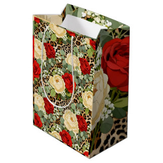 Sacola Para Presentes Média Padrão de Leopardo & Rosa Vermelha - Floral Animal