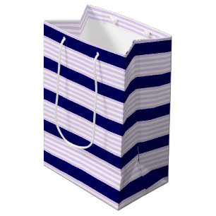 Sacola Para Presentes Média Padrão de listras brancas e lilás com azul-marinho