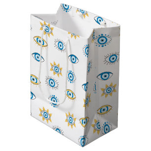 Sacola Para Presentes Média Padrão de Mati do Olho Grego Azul, Dourado e Branc