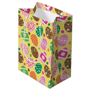 Sacola Para Presentes Média Padrão de Ovos de Páscoa Coloridos Fundo Amarelo