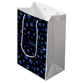 Sacola Para Presentes Média Padrão de pata de cachorro com brilho azul Monogra
