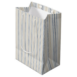 Sacola Para Presentes Média Padrão de Pinstripe Azul Costeiro e Areia Pintado
