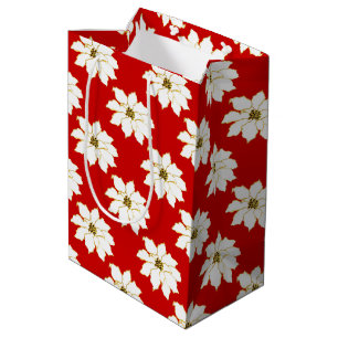 Sacola Para Presentes Média Padrão de Poinsettia Dourada Vermelha Branca