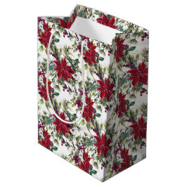 Sacola Para Presentes Média Padrão de Poinsettia em Aquarela 