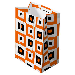 Sacola Para Presentes Média Padrão de Quadrados Xadrez Laranja Preto e Branco