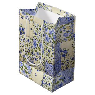 Sacola Para Presentes Média Padrão de Quilt Floral Azul Antigo