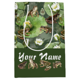 Sacola Para Presentes Média Padrão de rãs verdes e lírios-d'água brancos 