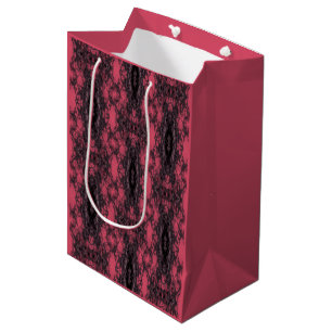 Sacola Para Presentes Média Padrão de Renda Damasco Gótico Rosa Escuro e Preto
