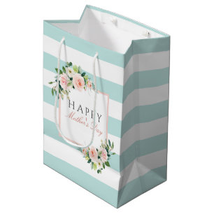 Sacola Para Presentes Média Padrão de Stripes Florais de Dia de as mães Feliz