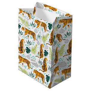 Sacola Para Presentes Média Padrão de Tigres e Folhas Tropicais