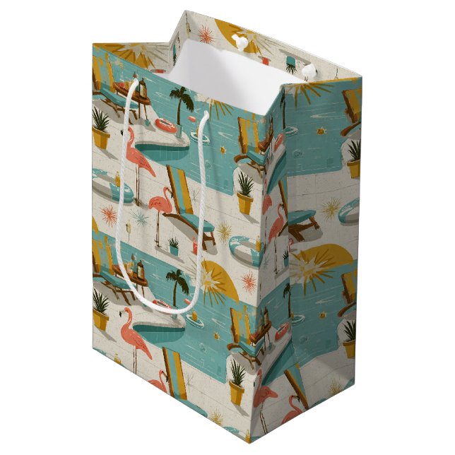 Sacola Para Presentes Média Padrão de verão à beira da piscina Flamingo retrô  (Frente inclinada)
