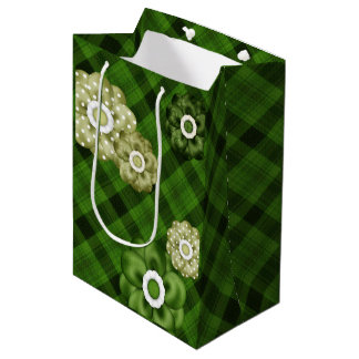 SACOLA PARA PRESENTES MÉDIA PADRÃO DE XADREZ VERDE COM FLORES VERDE