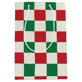 Sacola Para Presentes Média Padrão de Xadrez Vermelho e Verde Retro de Feriado