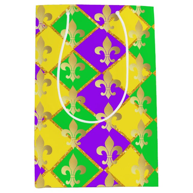 Sacola Para Presentes Média Padrão Dourado de Mardi Gras Harlequin Roxo Verde (Frente)