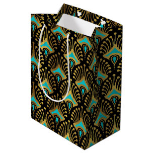 Sacola Para Presentes Média Padrão Dourado e azul de Art Deco a preto