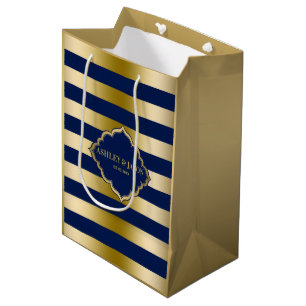 Sacola Para Presentes Média Padrão Dourado e Azul Monograma
