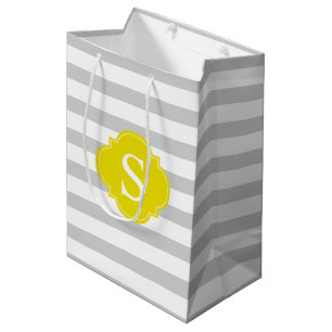 Sacola Para Presentes Média Padrão e Monograma de cinzas e Stripes Amarelas