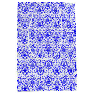 Sacola Para Presentes Média Padrão Elegante Floral do Damasco Azul e Branco