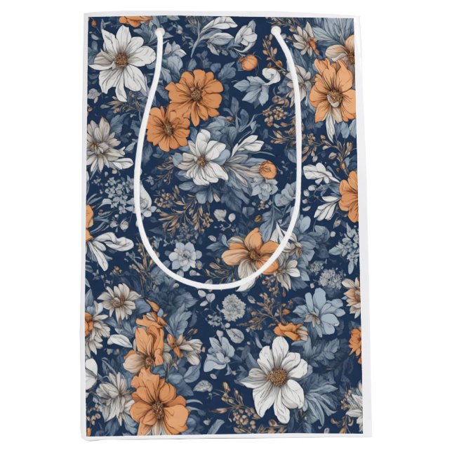 Sacola Para Presentes Média Padrão Floral Azul (Frente)
