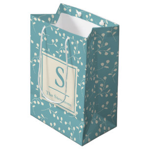 Sacola Para Presentes Média Padrão Floral Azul Vintage Monograma e nome