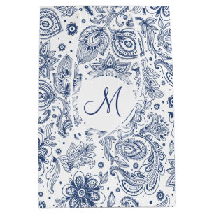 Sacola Para Presentes Média Padrão Floral Azul Vintage Monograma M Gift Bag