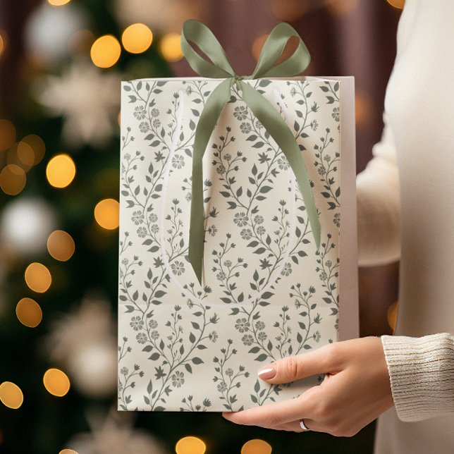Sacola Para Presentes Média Padrão Floral Boho Minimalista Creme Salvia Elegan (Criador carregado)