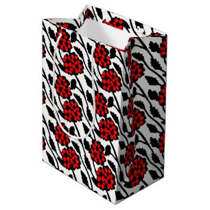 Sacola Para Presentes Média Padrão Floral bonito em Vermelho, Preto e Branco