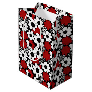 Sacola Para Presentes Média Padrão Floral bonito em Vermelho, Preto e Branco