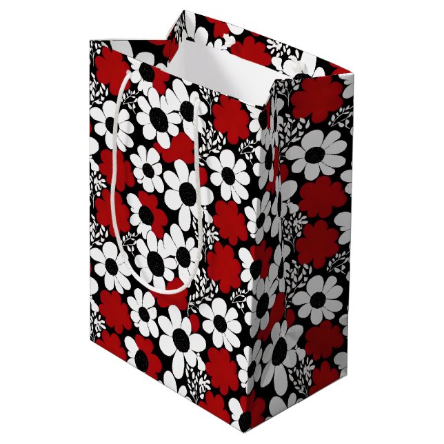 Sacola Para Presentes Média Padrão Floral bonito em Vermelho, Preto e Branco (Verso inclinado)