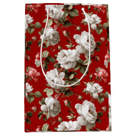 Sacola Para Presentes Média Padrão Floral Branco Rosa Vermelha Clássica