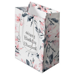Sacola Para Presentes Média Padrão Floral Cor-de-Rosa e Cinza em Aquarela de A