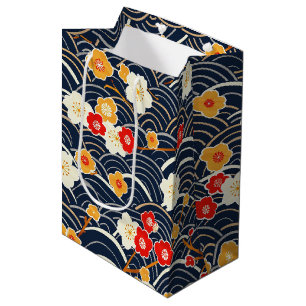 Sacola Para Presentes Média Padrão Floral de Ameixa em Flor Onda Japonesa Mari