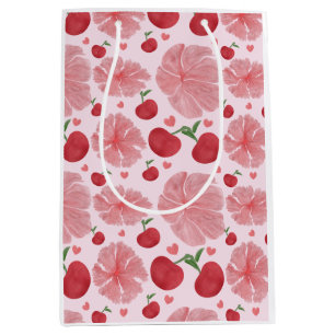 Sacola Para Presentes Média Padrão Floral de Cereja em Aquarela, Cerejas Fofas
