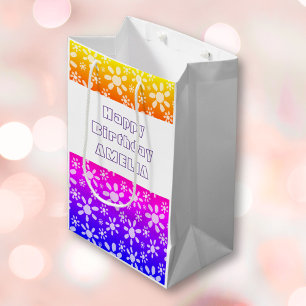 Sacola Para Presentes Média Padrão Floral de Flor Menino Rosa Moderno Aniversá
