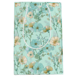 Sacola Para Presentes Média Padrão Floral de Hortelã Flor Silvestre Pastel Del