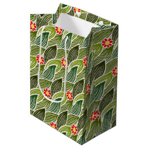 Sacola Para Presentes Média Padrão Floral de Margarida Verde Vermelha-Cute Gro