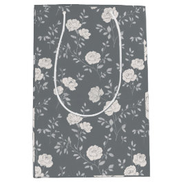 Sacola Para Presentes Média Padrão Floral Minimalista Cinza Rosa Branco Suave